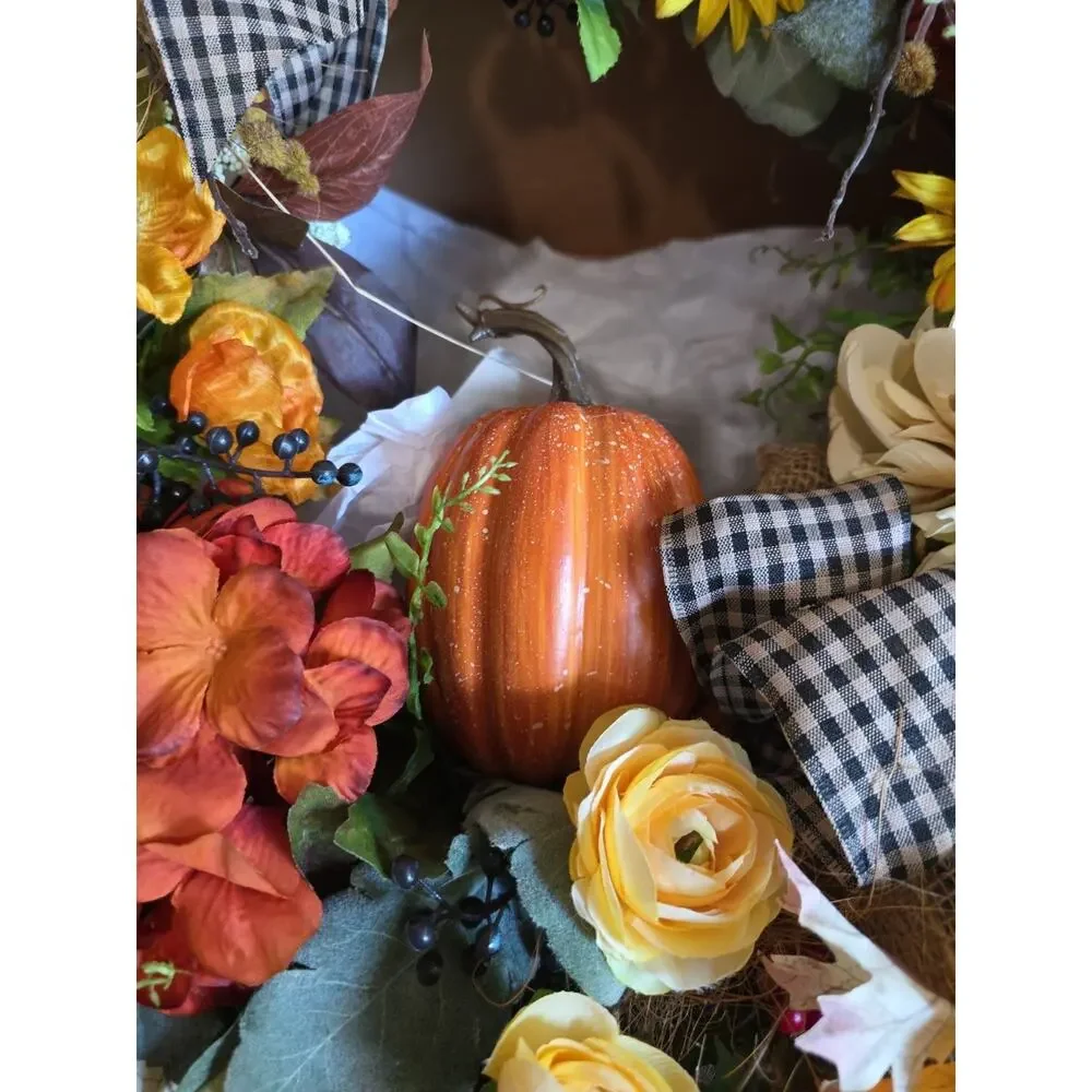 Handmade Autumn Fall Wreath Pumpkin Sunflower Buffalo Plaid Farmhouse Orange...